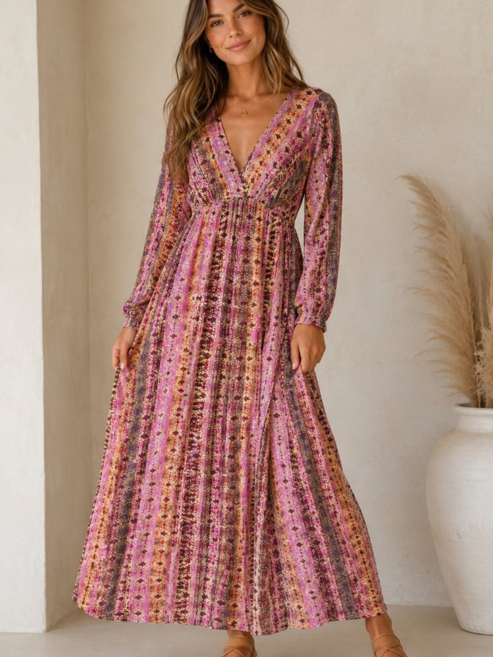 Savanna Jane Size M Maxi Dress Long Sleeve Aztec Boho V Neck Dusty Pink Gauze